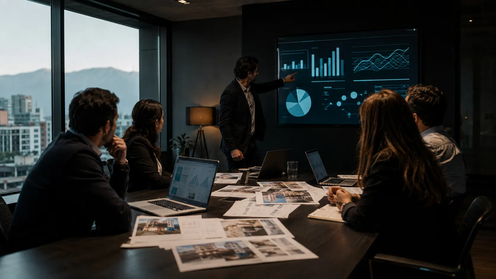 Equipo inmobiliario en sesión de trabajo sobre su cartera, con fichas de propiedades sobre la mesa y un panel de datos en pantalla.