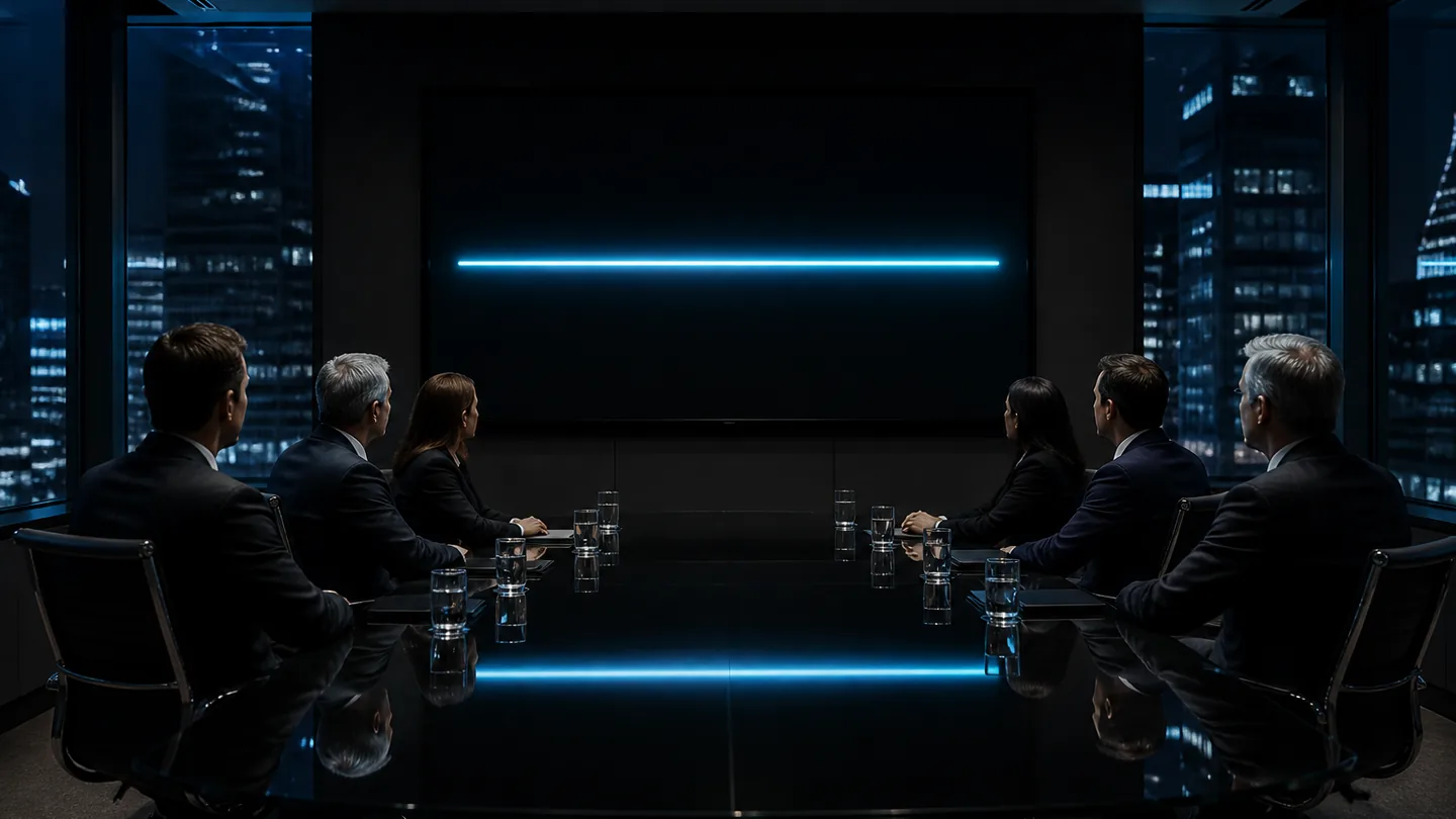 Sala de directorio de noche con ejecutivos mirando una pantalla con una línea plana